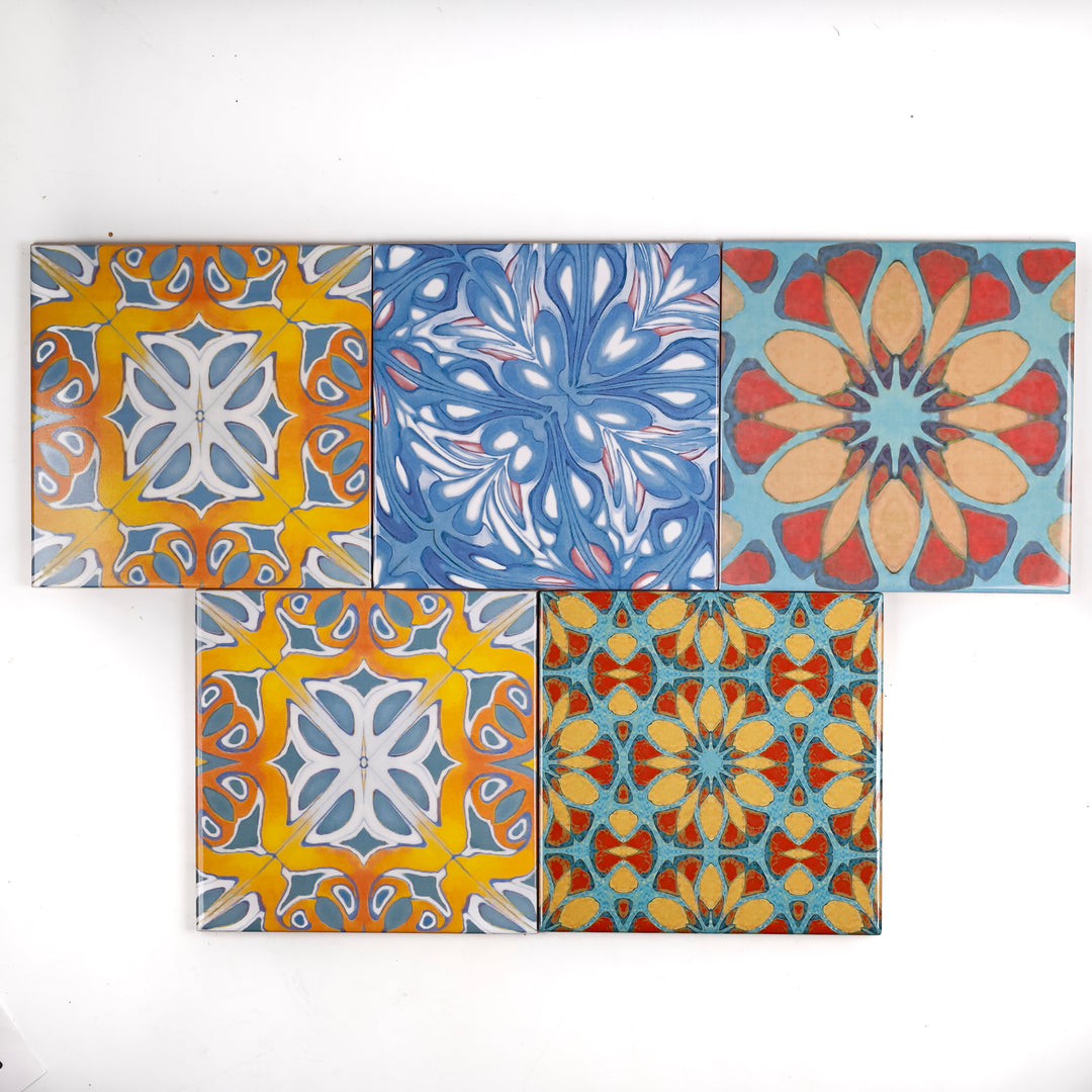 SALE SET of 8x 15cm FIRED INK Tiles - Mixed Designs (as shown)