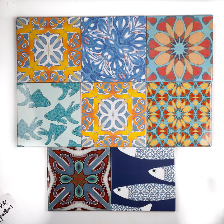 SALE SET of 8x 15cm FIRED INK Tiles - Mixed Designs (as shown)