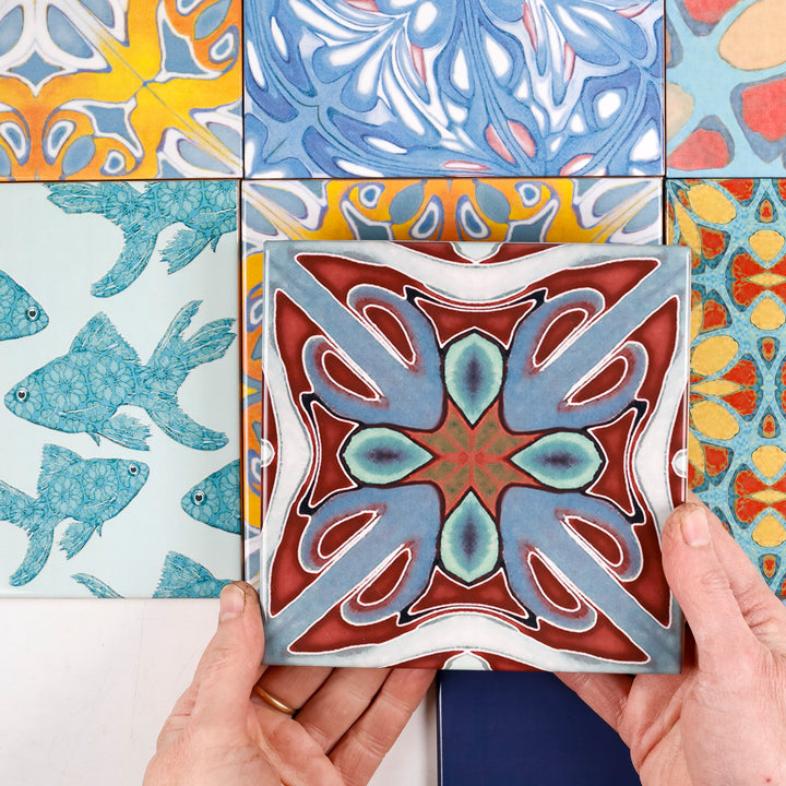 SALE SET of 8x 15cm FIRED INK Tiles - Mixed Designs (as shown)