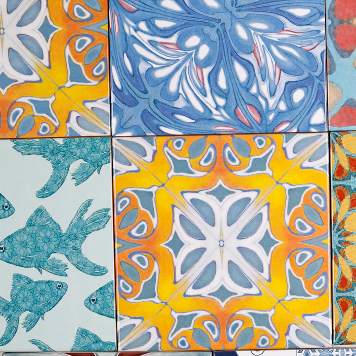 SALE SET of 8x 15cm FIRED INK Tiles - Mixed Designs (as shown)