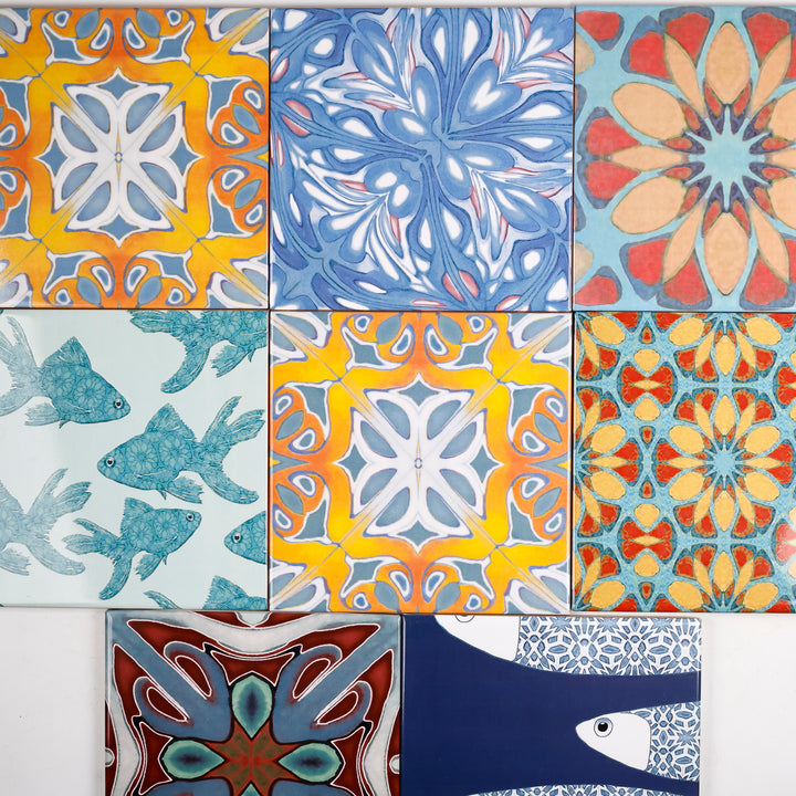 SALE SET of 8x 15cm FIRED INK Tiles - Mixed Designs (as shown)