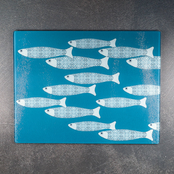 SALE - Large Rectangular Teal/Blue Ocean Shoal - Chopping Board (textured)
