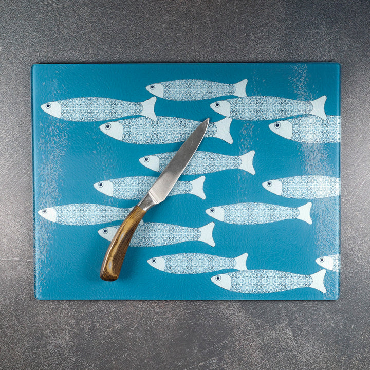 SALE - Large Rectangular Teal/Blue Ocean Shoal - Chopping Board (textured)