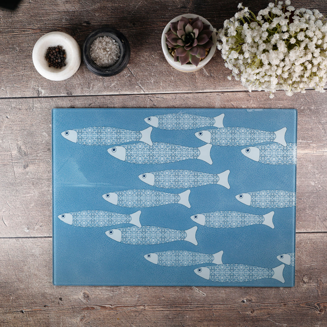 SALE - Large Rectangular Grey/Blue Ocean Shoal - Chopping Board (smooth)