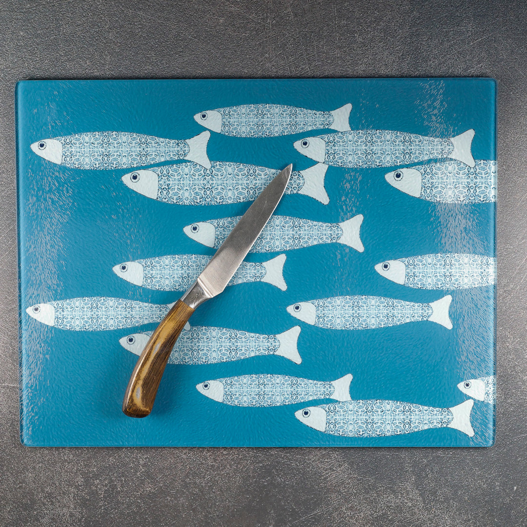 SALE - Large Rectangular Teal/Blue Ocean Shoal - Chopping Board (textured)