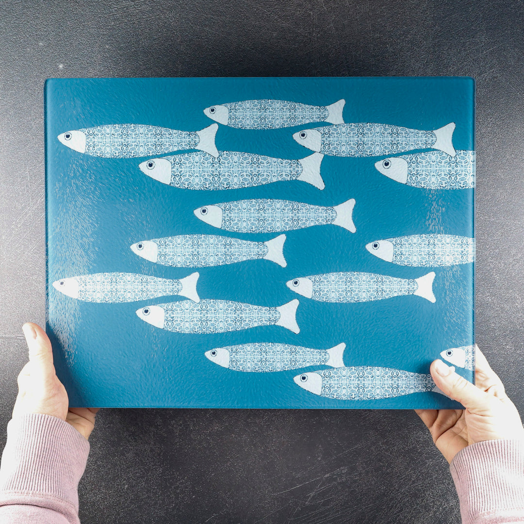 SALE - Large Rectangular Teal/Blue Ocean Shoal - Chopping Board (textured)