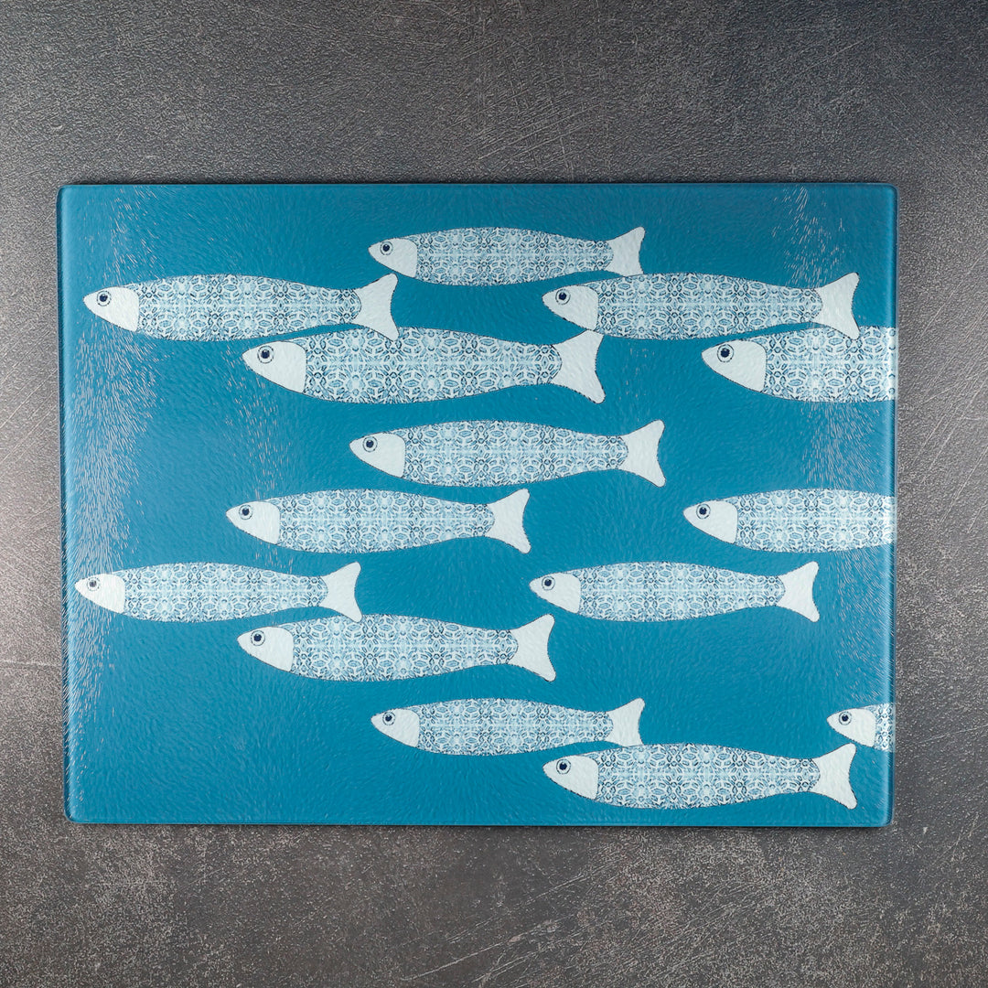 SALE - Large Rectangular Teal/Blue Ocean Shoal - Chopping Board (textured)