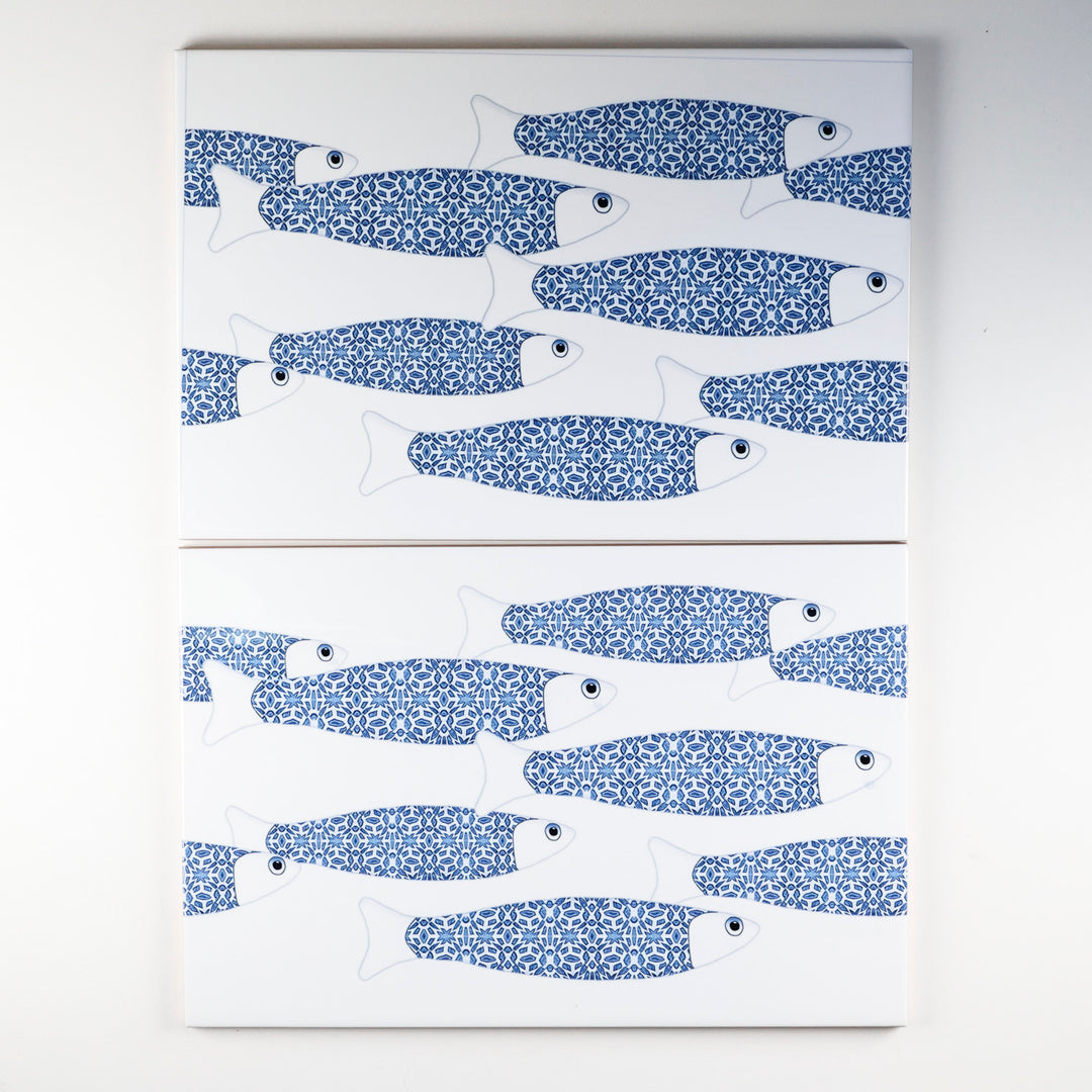 SALE SECONDS - 8x Ocean Shoal on white - Border version - Large Rectangular Tiles - 30x20cm