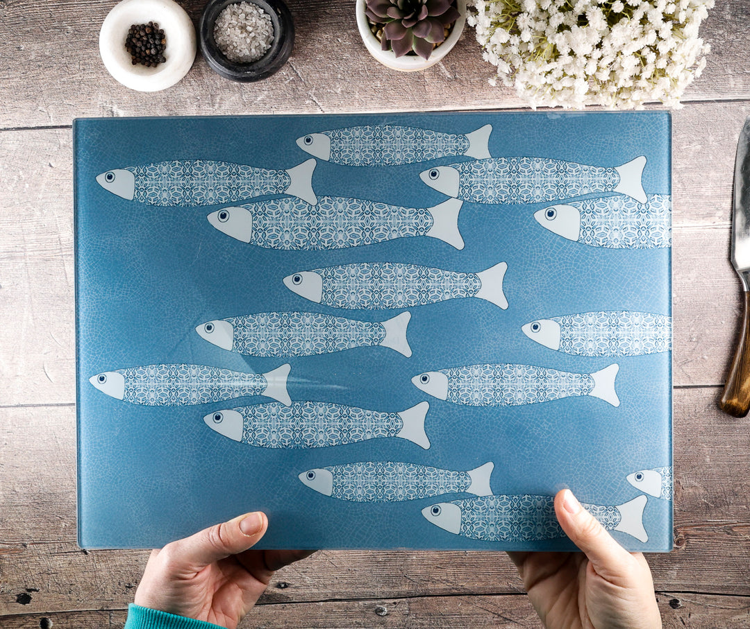 SALE - Large Rectangular Grey/Blue Ocean Shoal - Chopping Board (smooth)