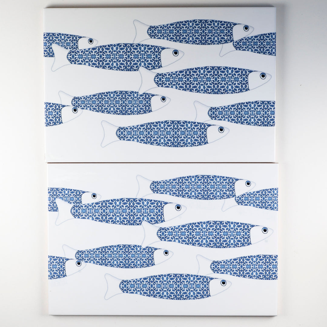SALE SECONDS - 8x Ocean Shoal on white - Border version - Large Rectangular Tiles - 30x20cm