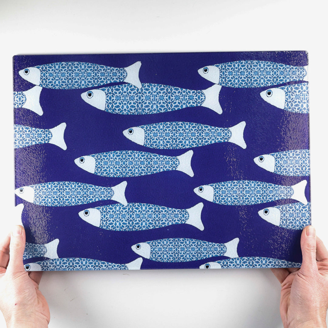 SALE - Large Rectangular Navy Blue Ocean Shoal - Chopping Board (textured)
