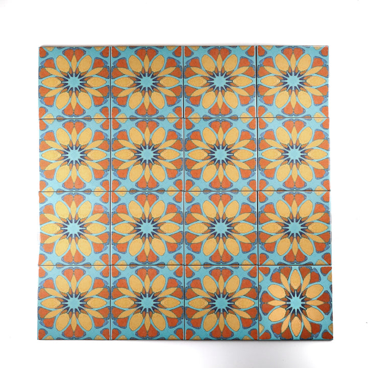 SALE - Set of 16x 10.8cm Moroccan Flower Tile - teal orange (pale)