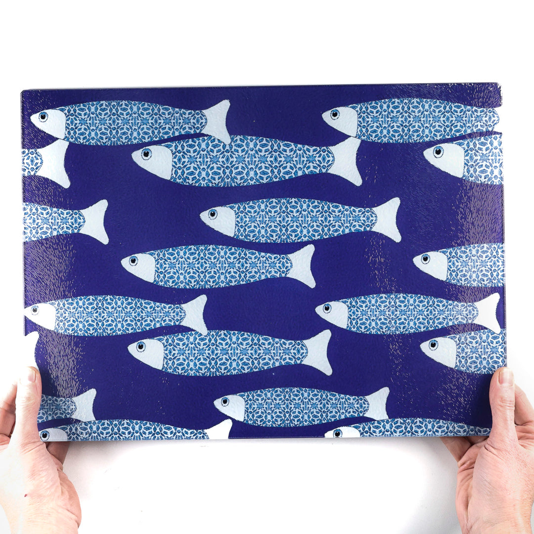 SALE - Large Rectangular Navy Blue Ocean Shoal - Chopping Board (textured)