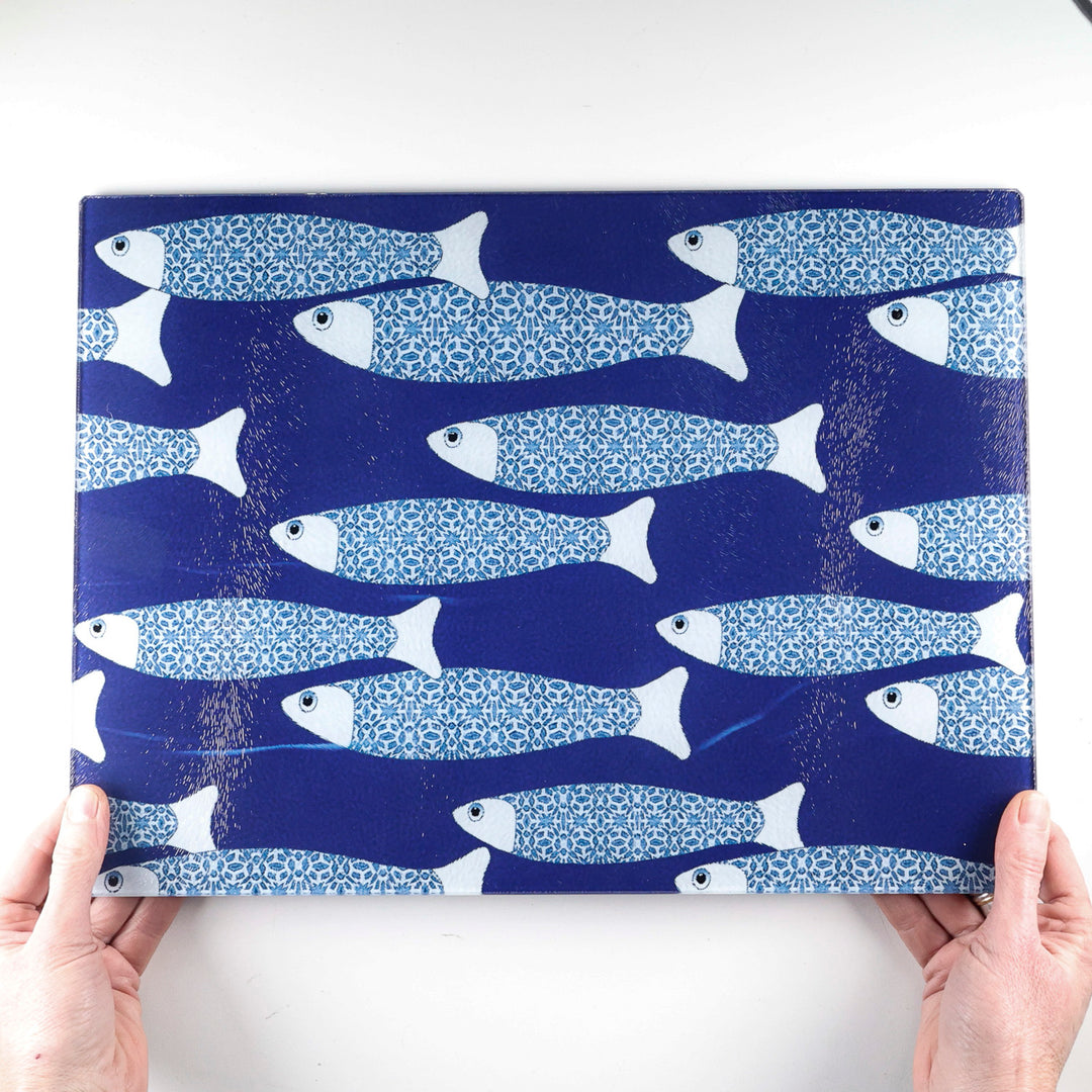 SALE SECOND - Large Rectangular Navy Blue Ocean Shoal - Chopping Board (textured)