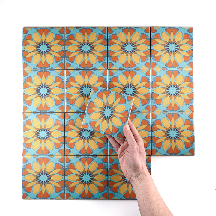 SALE - Set of 16x 10.8cm Moroccan Flower Tile - teal orange (pale)