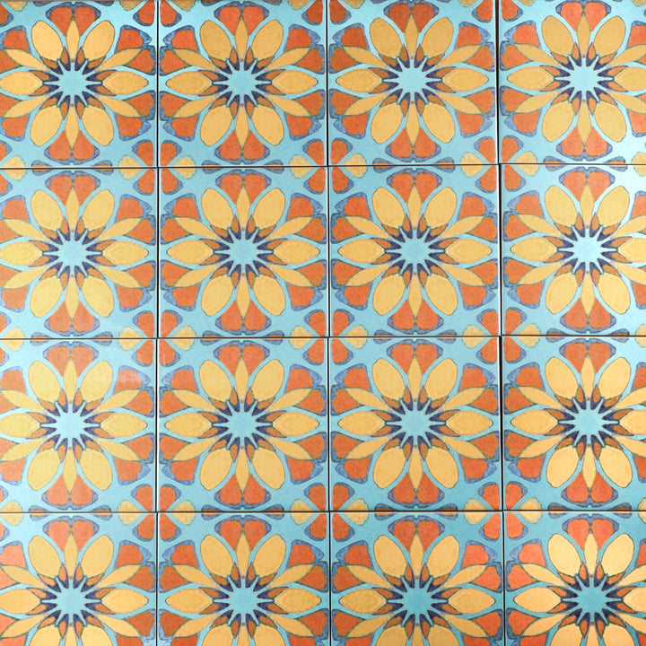 SALE - Set of 16x 10.8cm Moroccan Flower Tile - teal orange (pale)