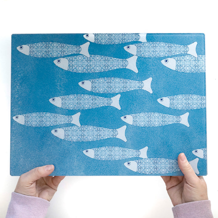 SALE - Large Rectangular Sky Blue Ocean Shoal - Chopping Board (textured)