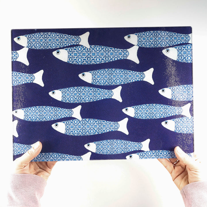 SALE - Large Rectangular Navy Blue Ocean Shoal - Chopping Board (textured)