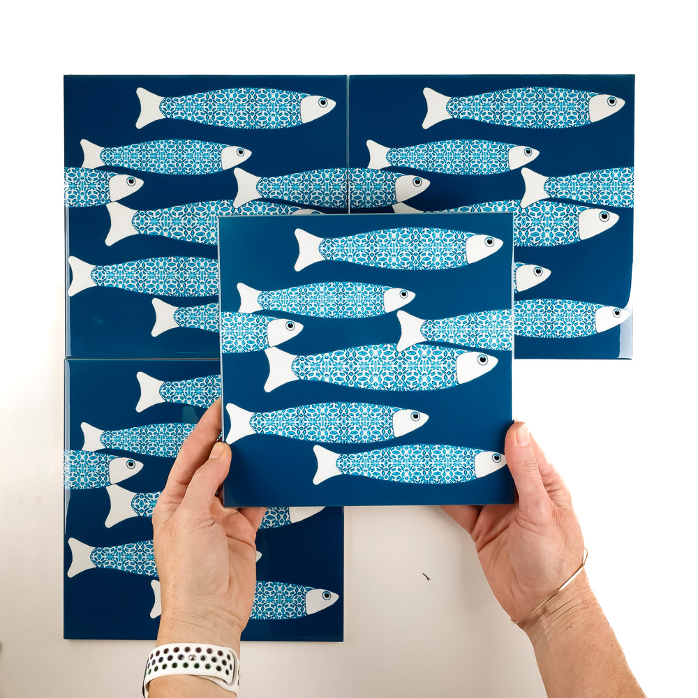 SALE SECONDS : 4 x 20cm tiles -Teal Ocean Shoal (border design) Set 1