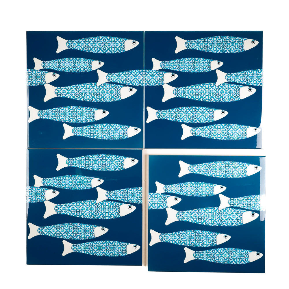 SALE SECONDS : 4 x 20cm tiles -Teal Ocean Shoal (border design) Set 1