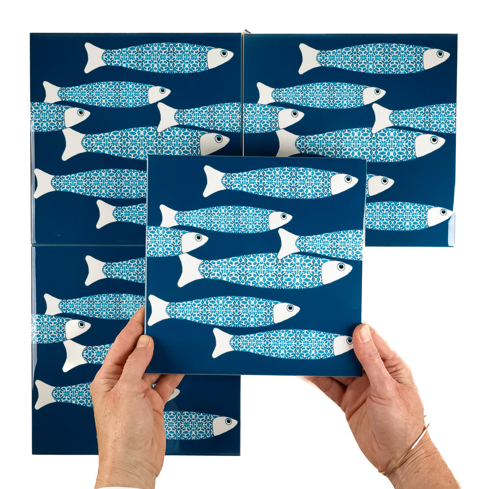 SALE SECONDS : 4 x 20cm tiles -Teal Ocean Shoal (border design) Set 2