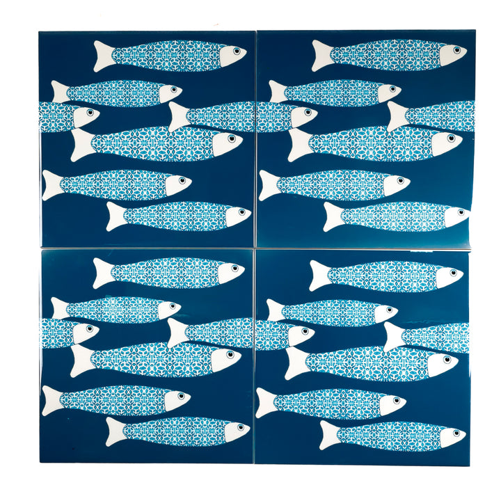 SALE SECONDS : 4 x 20cm tiles -Teal Ocean Shoal (border design) Set 3