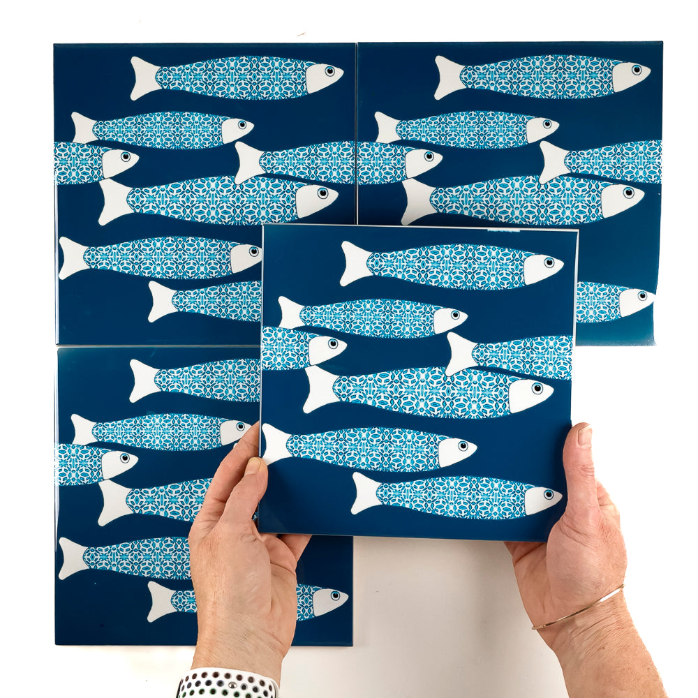 SALE SECONDS : 4 x 20cm tiles -Teal Ocean Shoal (border design) Set 3