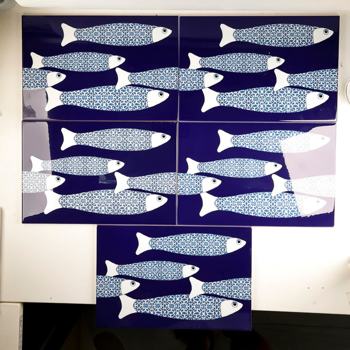 SALE SECONDS :  Six 30x20cm tiles - Navy Ocean Shoal (border design)