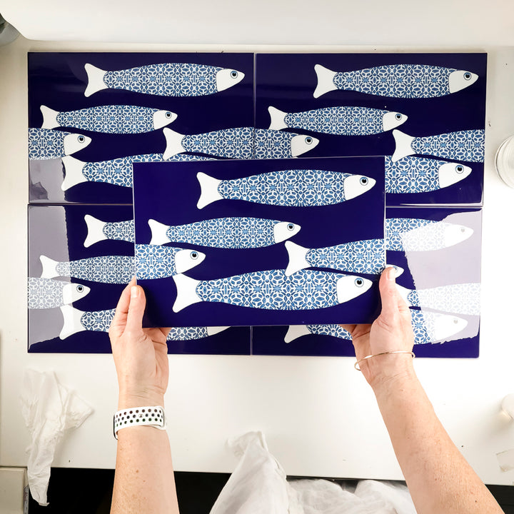 SALE SECONDS :  Six 30x20cm tiles - Navy Ocean Shoal (border design)