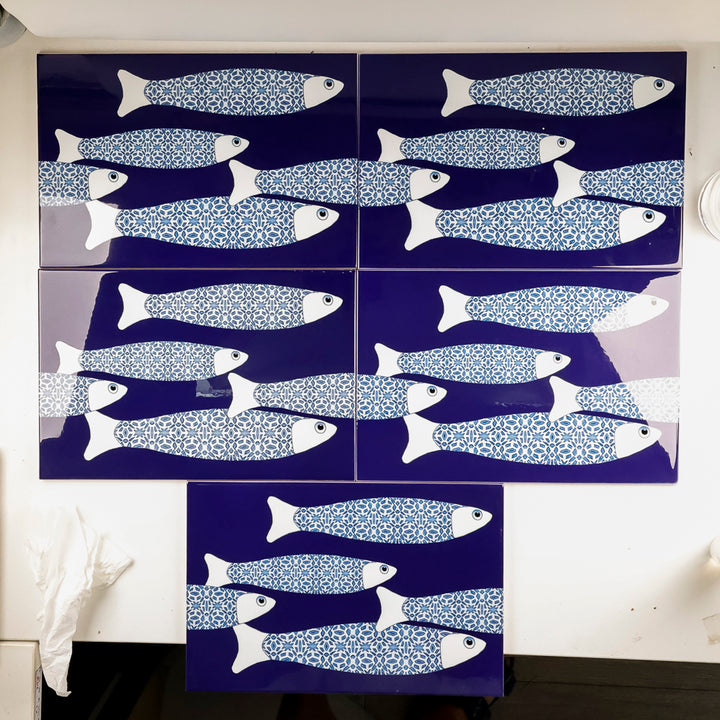SALE SECONDS :  Six 30x20cm tiles - Navy Ocean Shoal (border design)