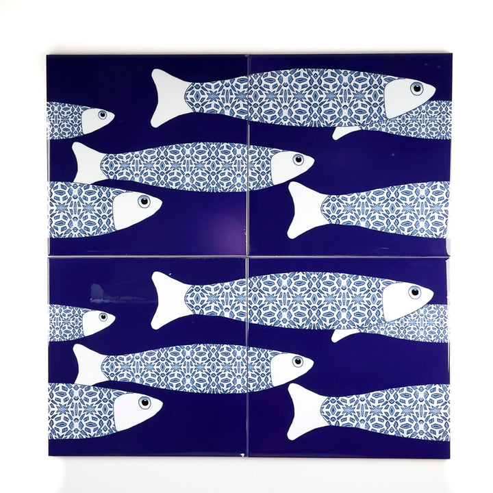 SALE SECONDS : 4 x 20cm tiles - Navy Blue Ocean Shoal (border design)
