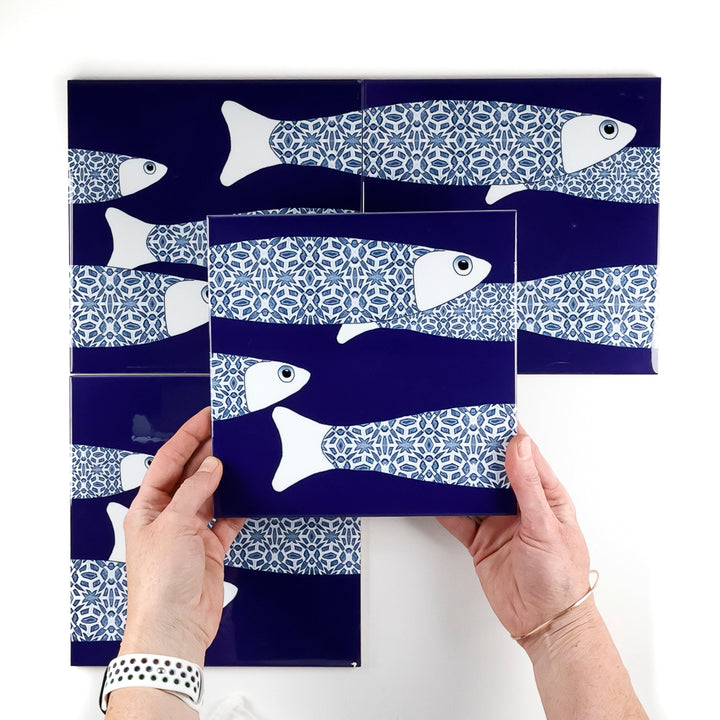 SALE SECONDS : 4 x 20cm tiles - Navy Blue Ocean Shoal (border design)