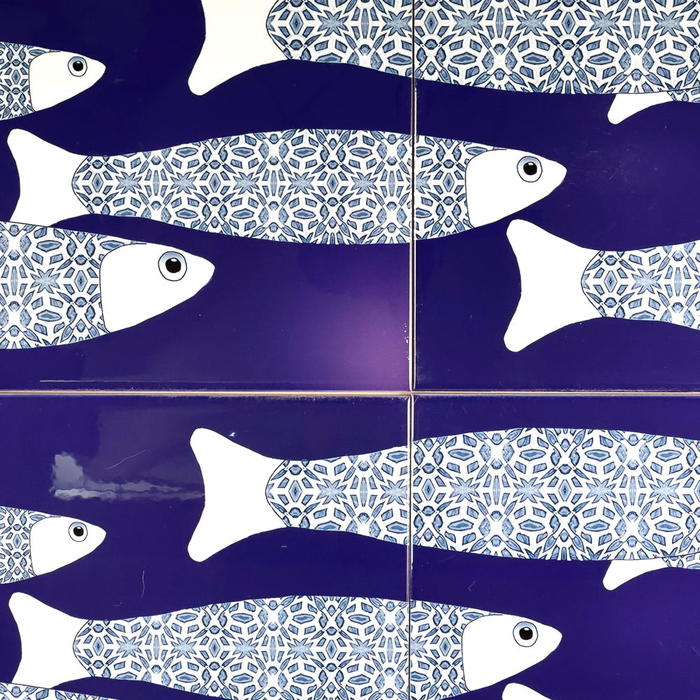SALE SECONDS : 4 x 20cm tiles - Navy Blue Ocean Shoal (border design)