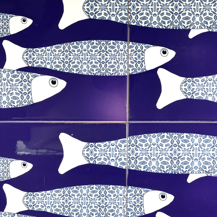 SALE SECONDS : 4 x 20cm tiles - Navy Blue Ocean Shoal (border design)