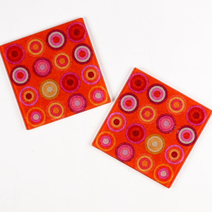 SALE - Set of 2x Orange/Pink Circle Design Coasters (square)