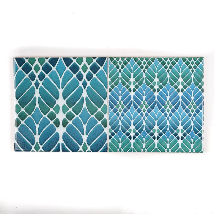 SALE SET of 2x 15cm Fired Ink tiles (Mixed Interwoven Tree Designs)