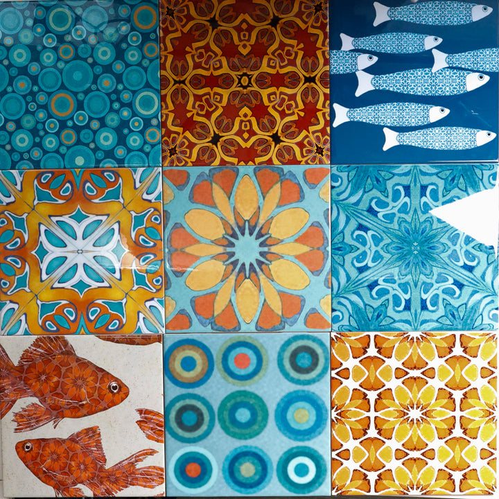 SALE - Set of 9 x 20cm Tiles - Mixed Blue/Orange - Patchwork Design