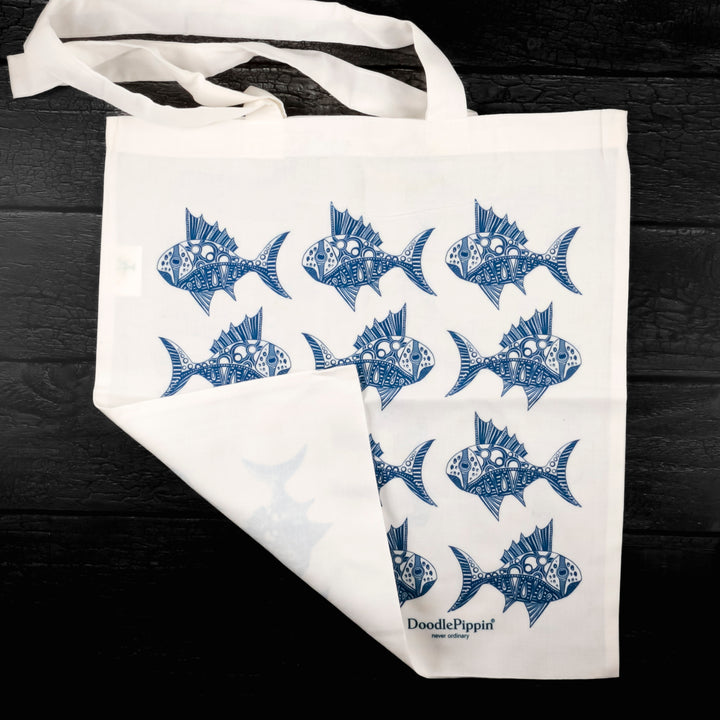 SALE Ink Blue Spiky Fish Shopping Bag - Lightweight foldaway tote