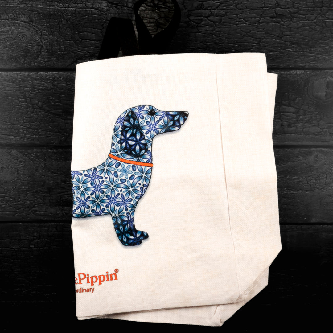 SALE Blue Dachshund - Large Cream Tote (short black handles)