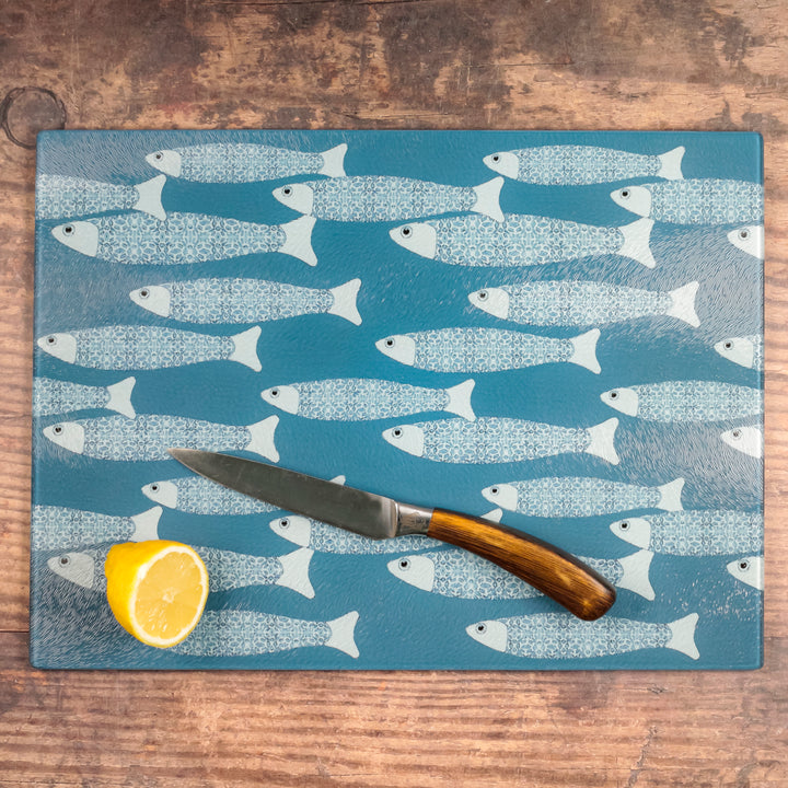 Teal/Blue Ocean Shoal Worktop Saver/Chopping Board