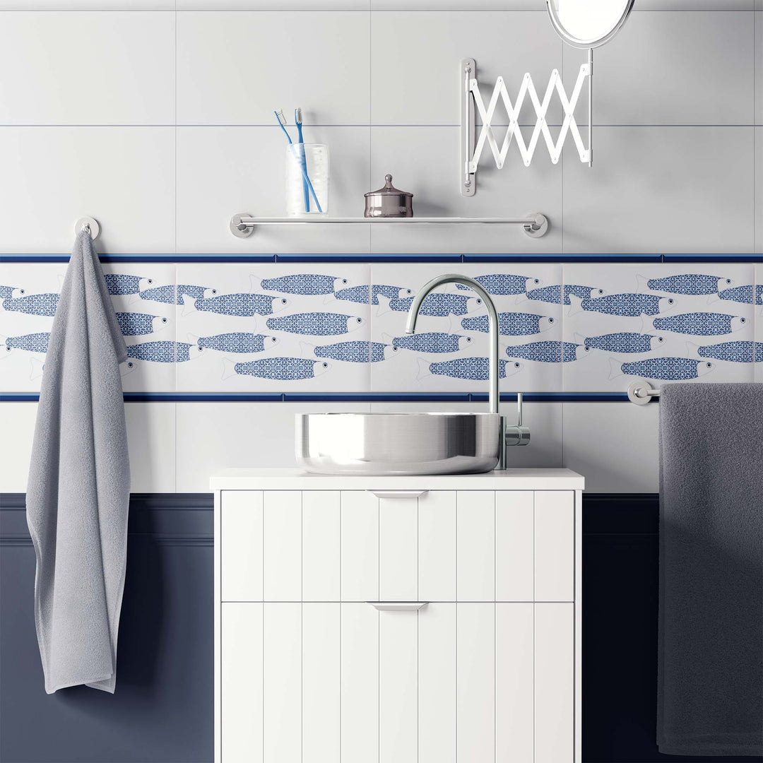 Ocean Shoal - White &amp; Blue Border version - Large Rectangular Tile - 30x20cm (12x8 inches)