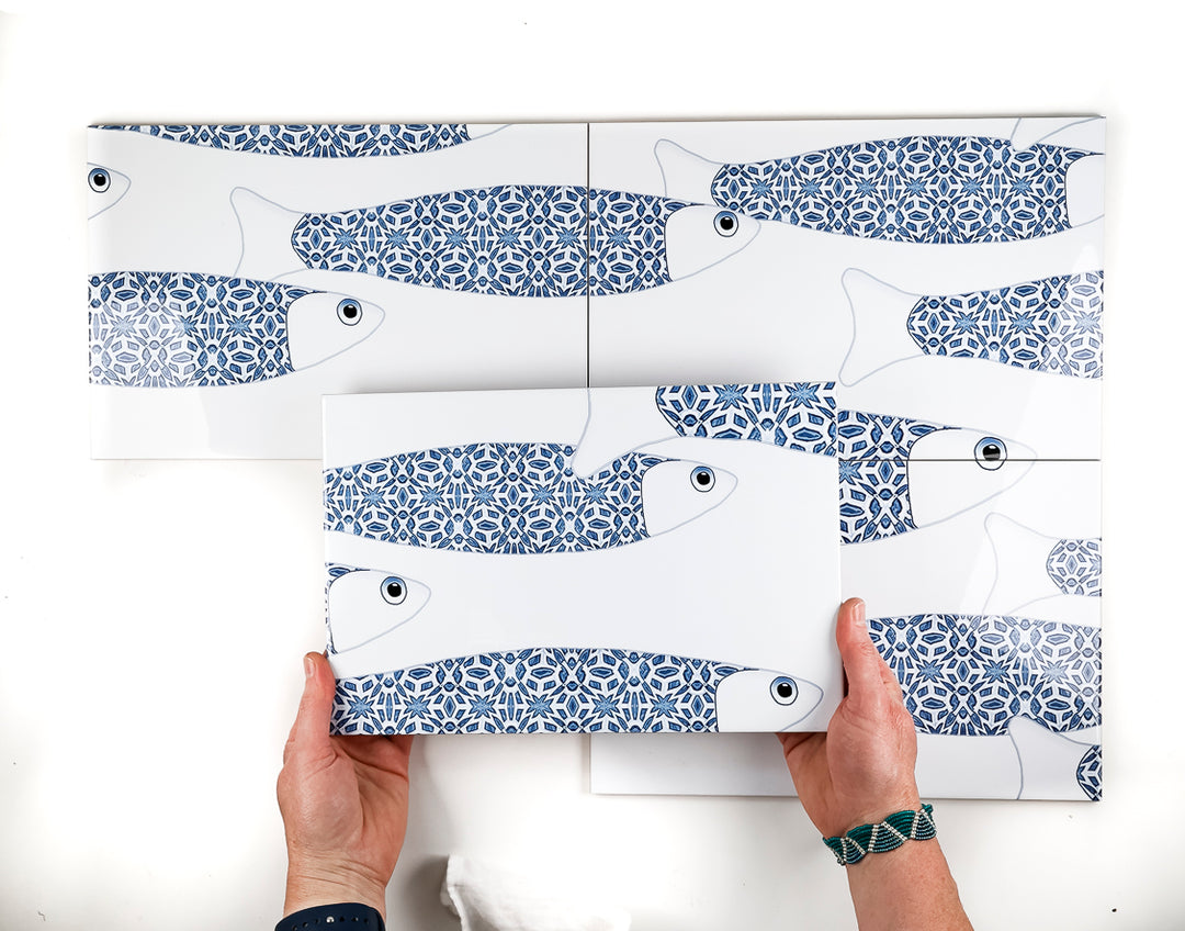 SALE - Ocean Shoal - White &amp; Blue Border version - Large SCALE - Rectangular Tile - 30x20cm (12x8 inches) Set of 4