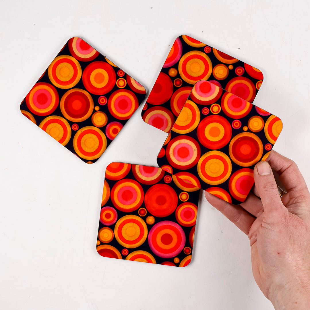 SALE - 4x Wooden Coaster Set (square) - Volcanic Circles design