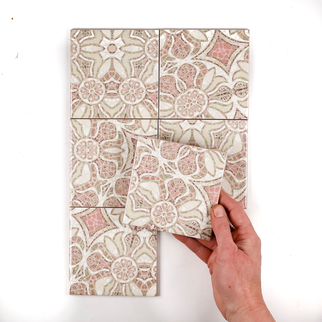 SALE: Set of 6x 10.8cm - Pink Pomegranate Design - Random Section tiles