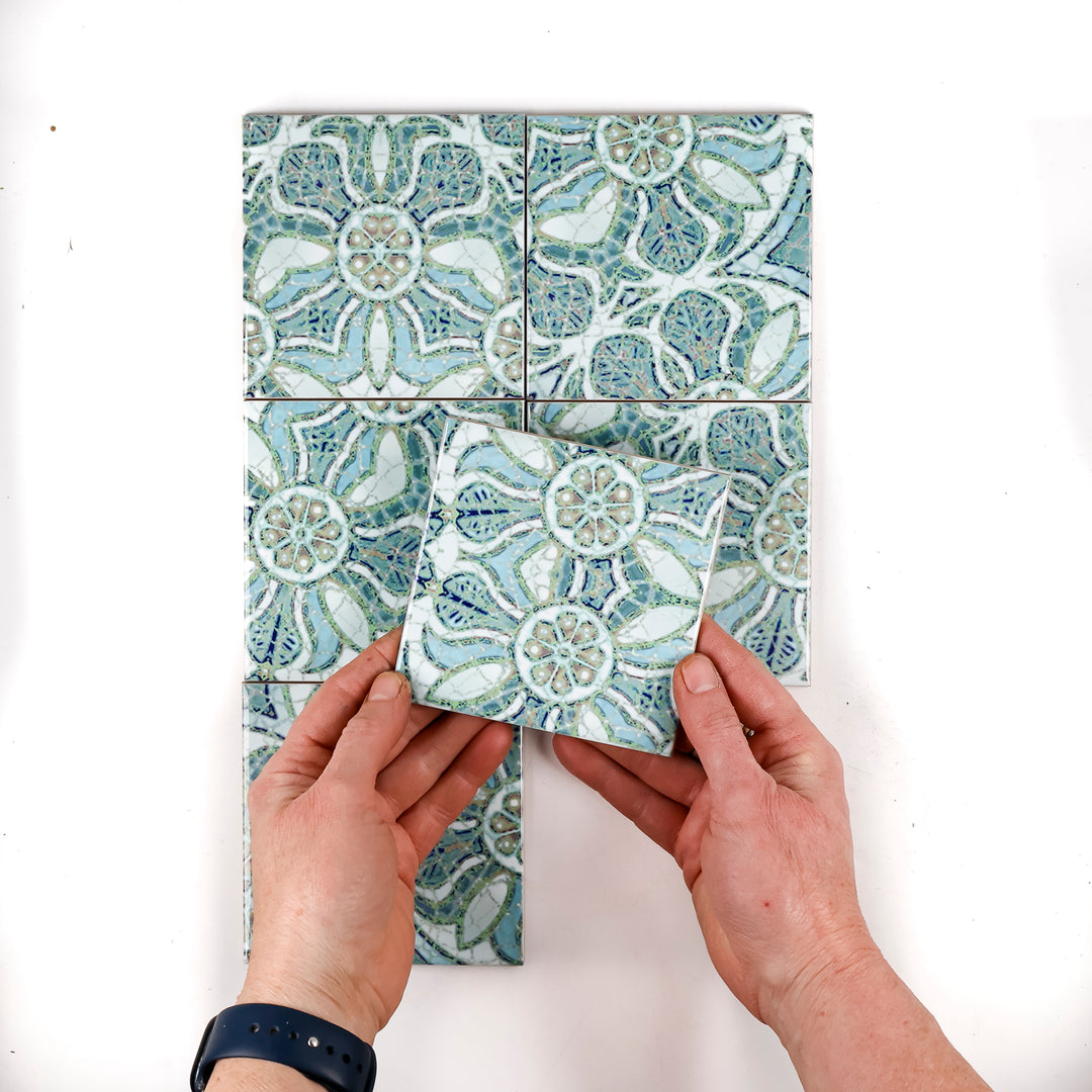 SALE: Set of 6x 10.8cm - Blue Pomegranate Design - Random Section tiles