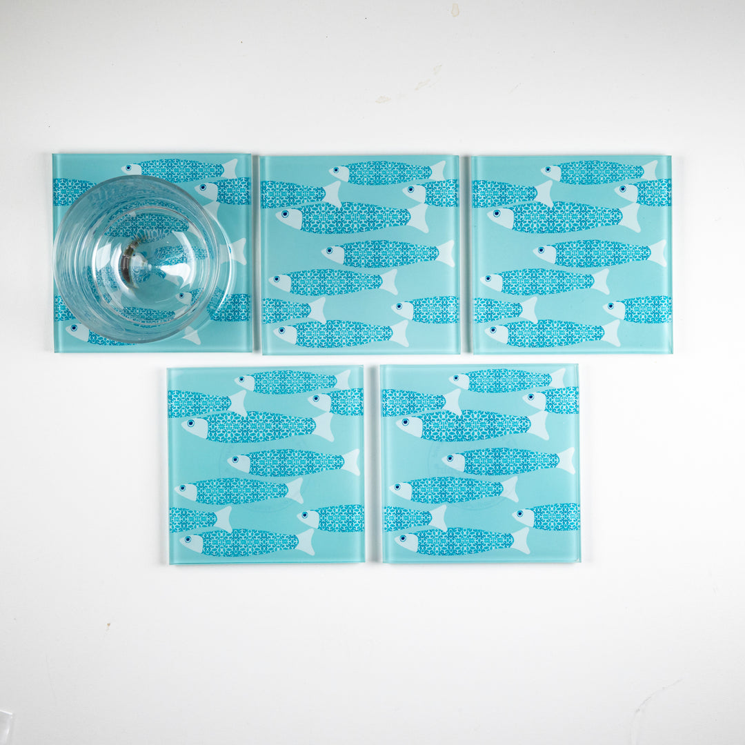 SALE Coaster Set - 5 x Ocean Shoal fish design (aqua)