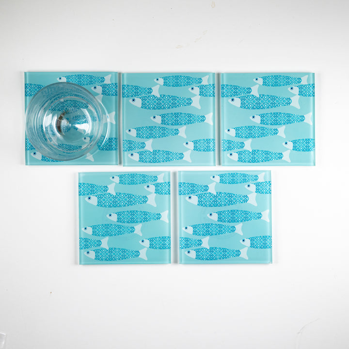 SALE Coaster Set - 5 x Ocean Shoal fish design (aqua)