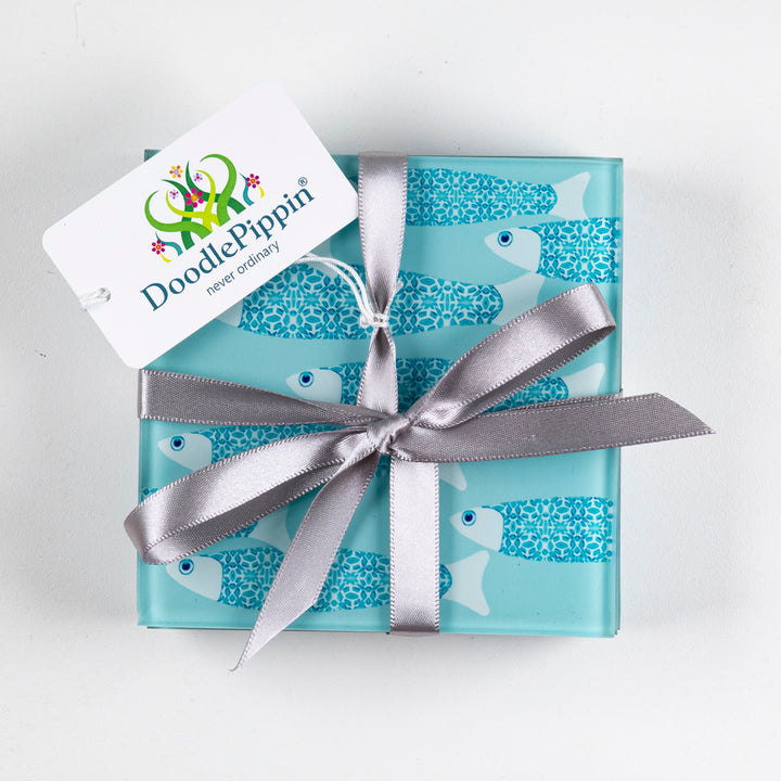 SALE Coaster Set - 5 x Ocean Shoal fish design (aqua)