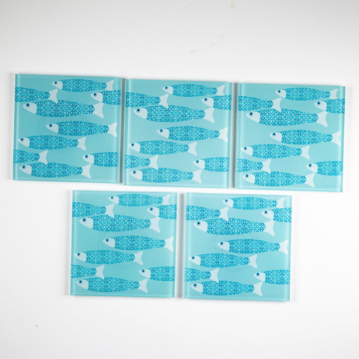 SALE Coaster Set - 5 x Ocean Shoal fish design (aqua)
