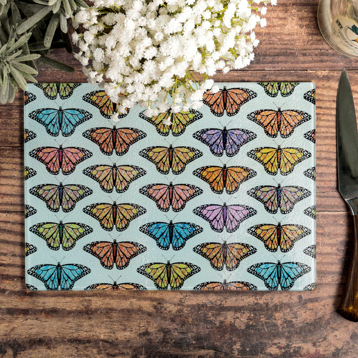 SALE - Multi-coloured butterfly Cutting Board (large rectangular/smooth surface)